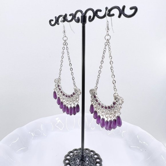 NWT - Robert Rose - Purple Beaded Chandelier Shiny Silver Tone Fishhook Earrings - Picture 3 of 7